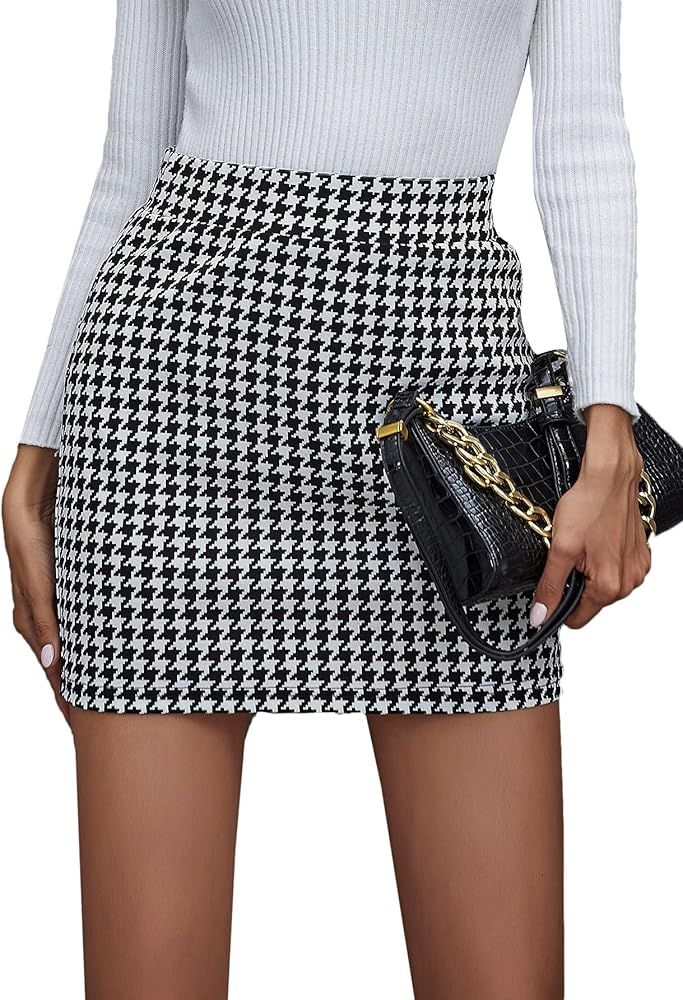 Milumia Women's Elegant Houndstooth Mini Skirt High Waisted Side Split Short Skirts | Amazon (US)