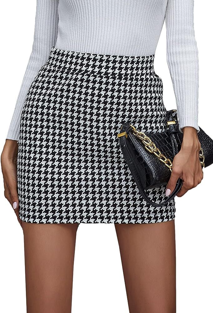Milumia Women's Elegant Houndstooth Mini Skirt High Waisted Side Split Short Skirts | Amazon (US)