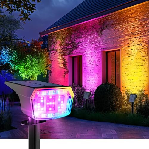 AUDERWIN Color Changing Solar Spot Lights Outdoor, 9 Lighting Modes Colored Solar Lights Outdoor RGB, Color Light Waterproof IP65, Landscape Spotlights for Halloween Christmas Decorations | Amazon (US)