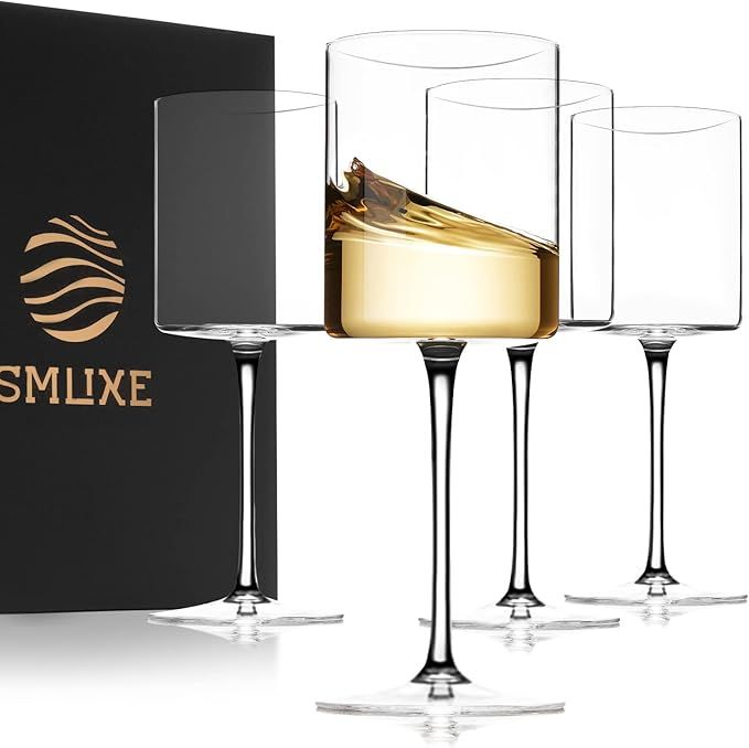 Amazon.com | Crystal Square Wine Glasses Set Of 4 - 14 oz Stemware - Hand Blown Edge Wine Glasses... | Amazon (US)