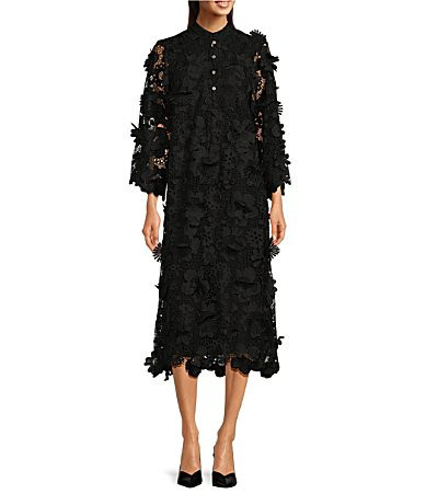 J.Marie Seraphina Floral Long Sleeve 3D Lace Mandarin Collar Midi Dress - M | Dillard's