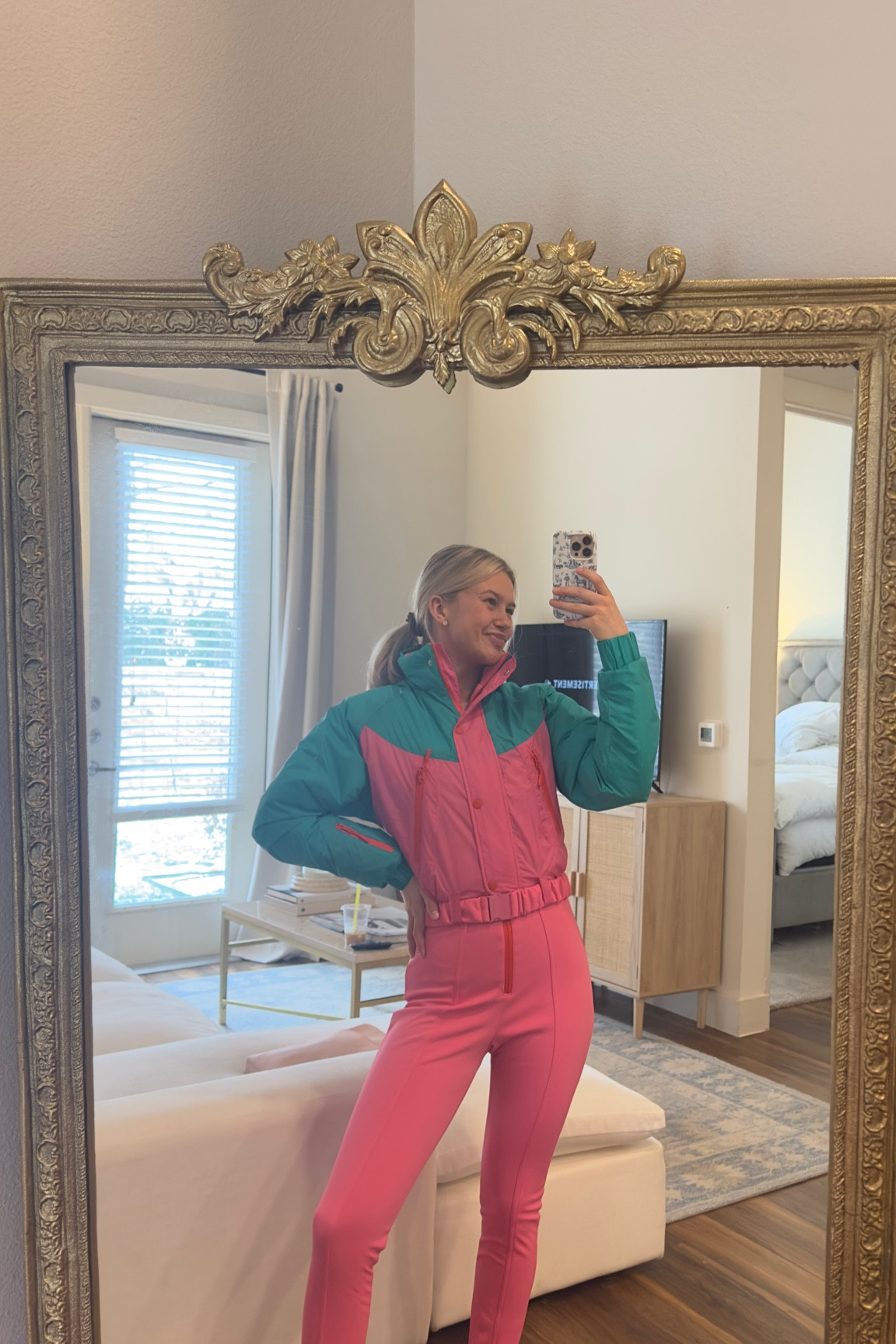pink color block ski suit!!!