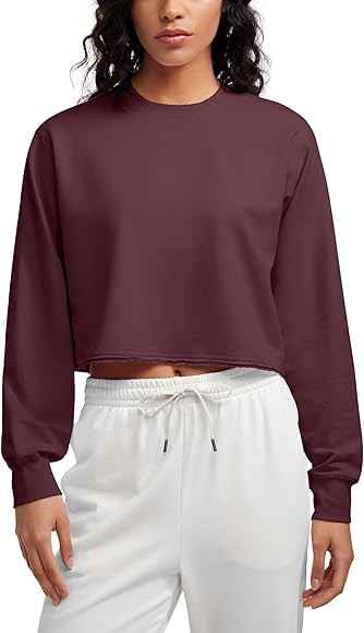 CRZ YOGA Womens Fleece Cropped Sweatshirts Crewneck Long Sleeve Sweat Shirts Double Raw Hem Worko... | Amazon (US)