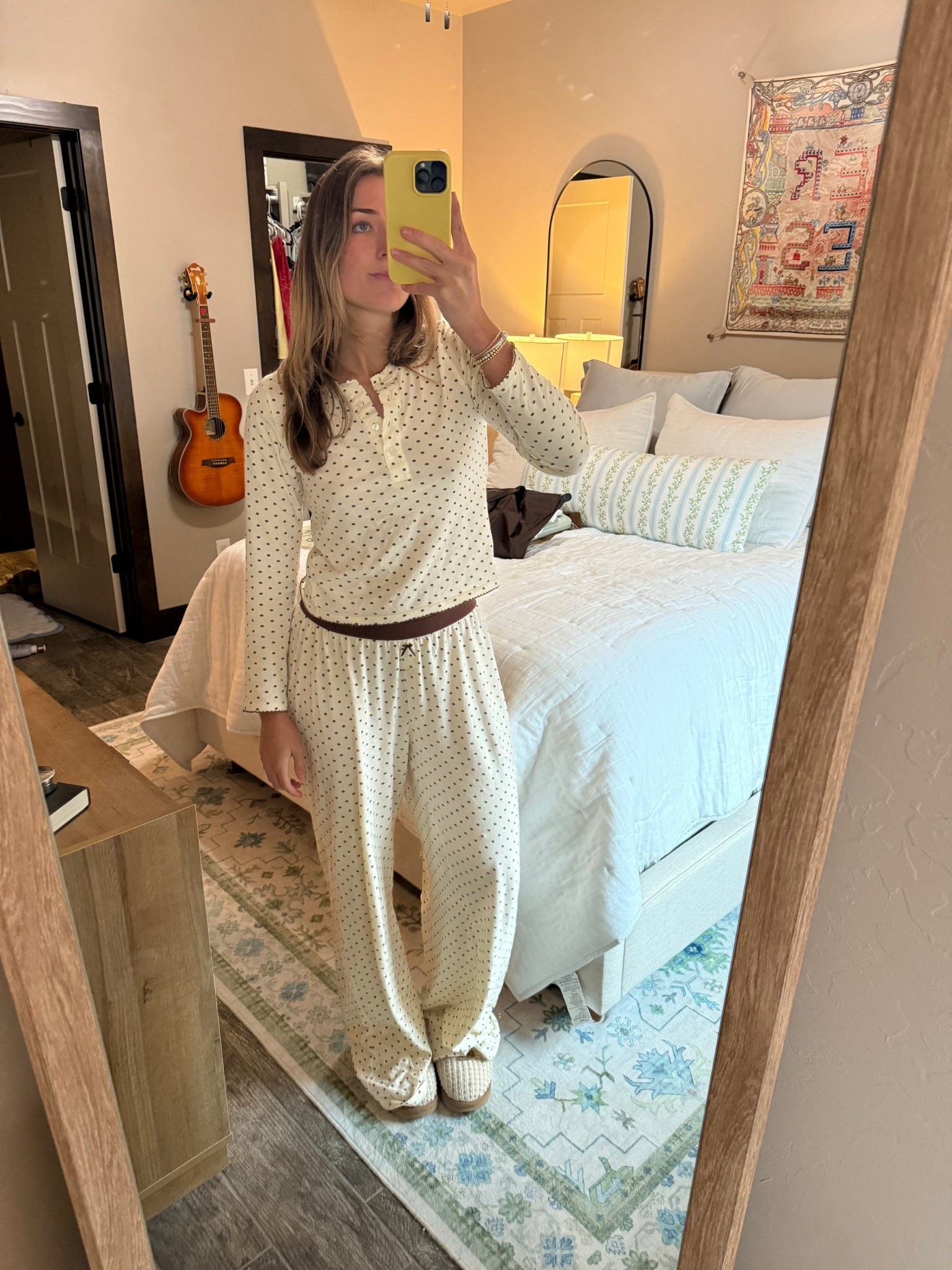 The best PJs! I got a small in both - I ordered the tall version of the pants because they were sold out in regular, they are a little long but still fit! 🤎 #polkadot #pajamas 

#LTKFindsUnder50 #LTKHome #LTKSaleAlert