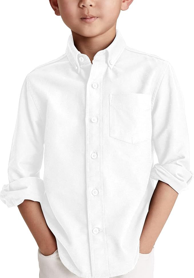 Boys' Long Sleeve Dress Shirts Classic Collared Button-Down Tshirt Solid Cotton Top with Chest Po... | Amazon (US)