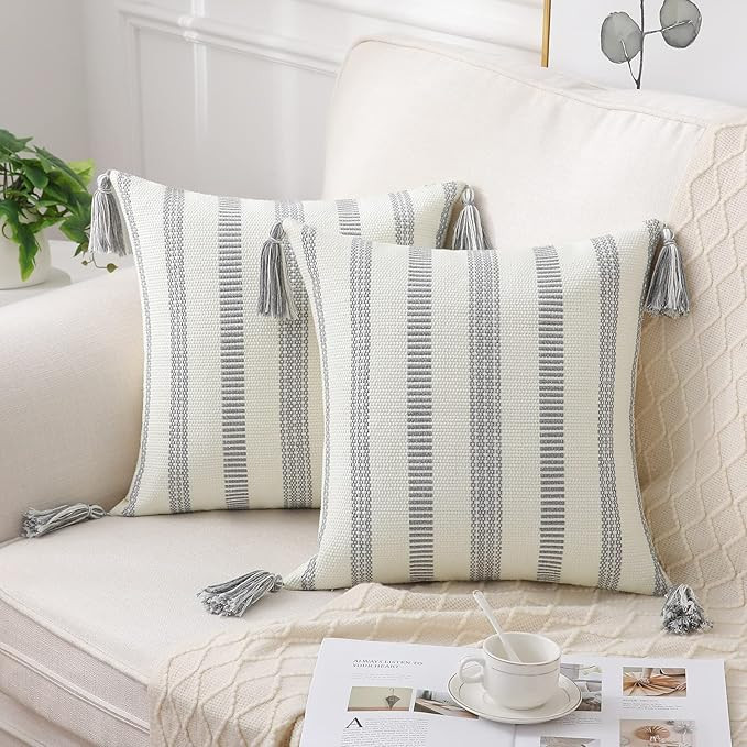 Smile Bee Boho Throw Pillow Covers Set of 2, Decorative Woven Striped Pillow Covers with Tassels,... | Amazon (US)