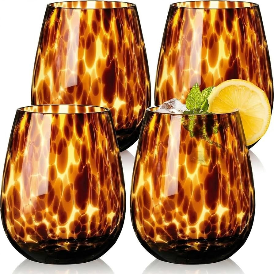 Tortoise Shell Stemless Wine Glasses Set of 4, Brown Decorative Tumbler Cups for Wine & Drinks\uf... | Amazon (US)
