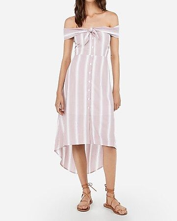 striped off the shoulder tie front midi dress | Express