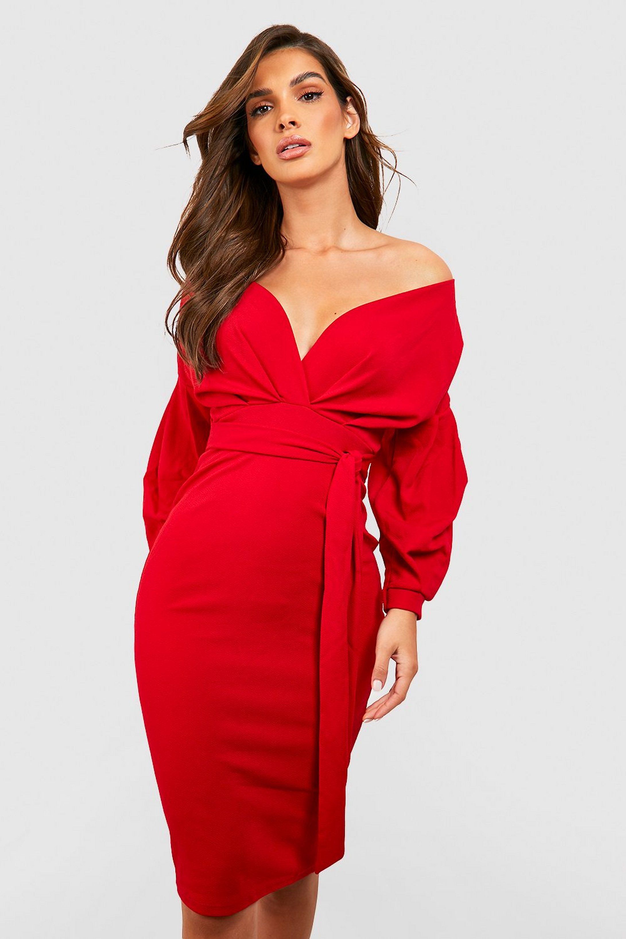 Off the Shoulder Wrap Midi Dress | Boohoo.com (US & CA)