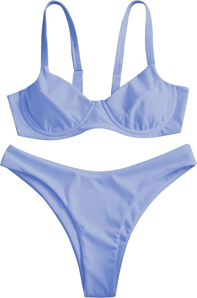 ZAFUL Women's Ribbed Underwire Bikini Set High Cut V Notch Smocked Swimwear Printed High Leg Swim... | Amazon (US)