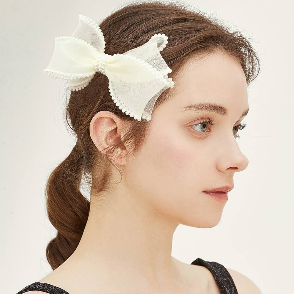 PRETTYLIFE Pearls Mesh Hair Bow with Alligator Clip 5" Large Ivory Hairgrip Accessories for Weddi... | Amazon (US)