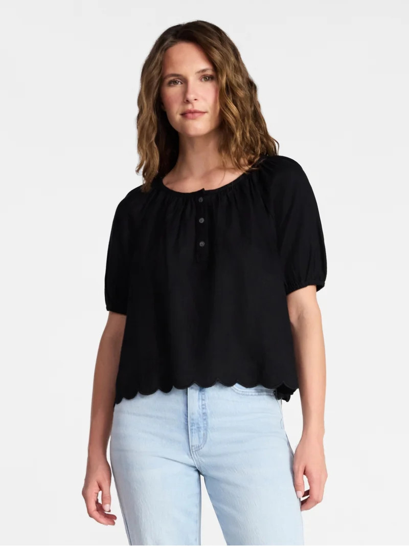 Time and Tru Women's Linen Blend Blouse with Scalloped Hem, Sizes XS-XXXL | Walmart (US)