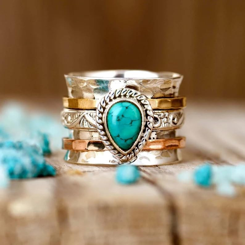 LRGKMCWTOB Vintage Sterling Silver Turquoise Ring for Women, Bohemian Style Handmade Dainty Ethni... | Amazon (US)