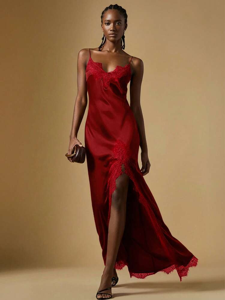 Briarwyn Red Elegant Lace Spaghetti Strap Maxi Dress For Women, Valentine's Day Evening Dress | SHEIN