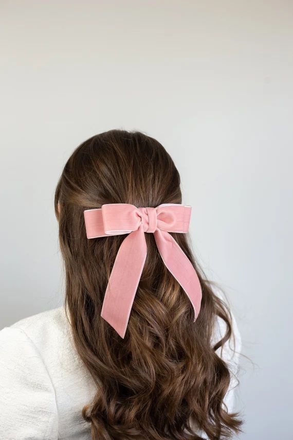 Soft Pink Velvet Hair Bow Short Tail French Barrette  Grace & | Etsy | Etsy (US)