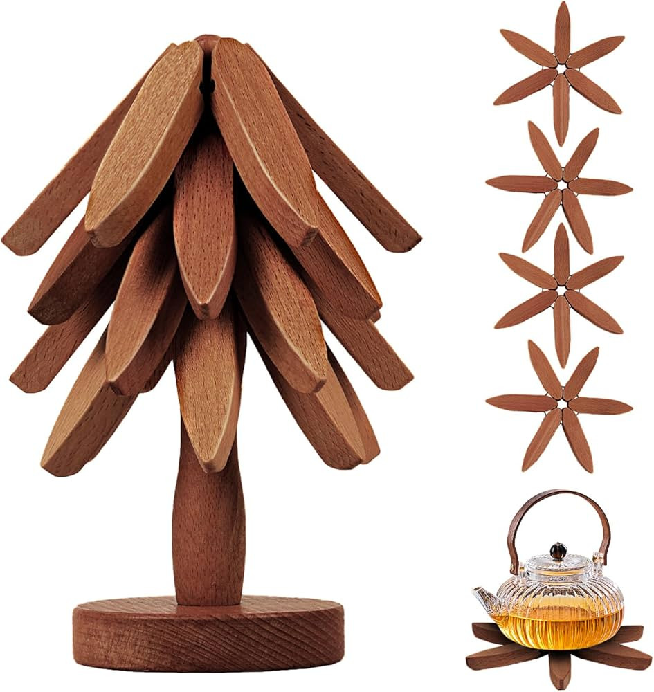 Wooden Trivets for Hot Dishes, 5 Wooden Trivets + 1 Stand stored Like a Christmas Tree, Foldable ... | Amazon (CA)