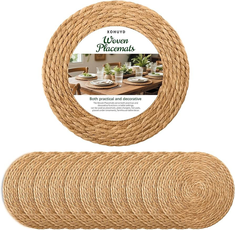 13 in Round Woven Placemats Plate Chargers Set of 12, Boho Farmhouse Rustic Woven Place Mats for ... | Amazon (US)