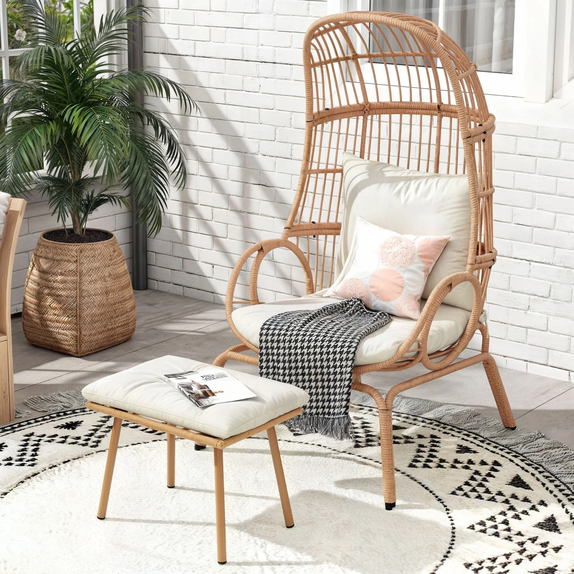 Uforic Patio Narrow Egg Chair with Cushions and Ottoman,Wicker Lounger Chair -Beige | Walmart (US)