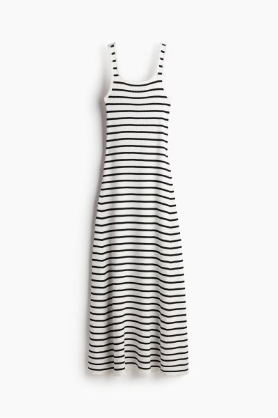 Rib-knit Dress with Flared Skirt - Low-cut Neckline - Sleeveless - Cream/black - Ladies | H&M US | H&M (US + CA)