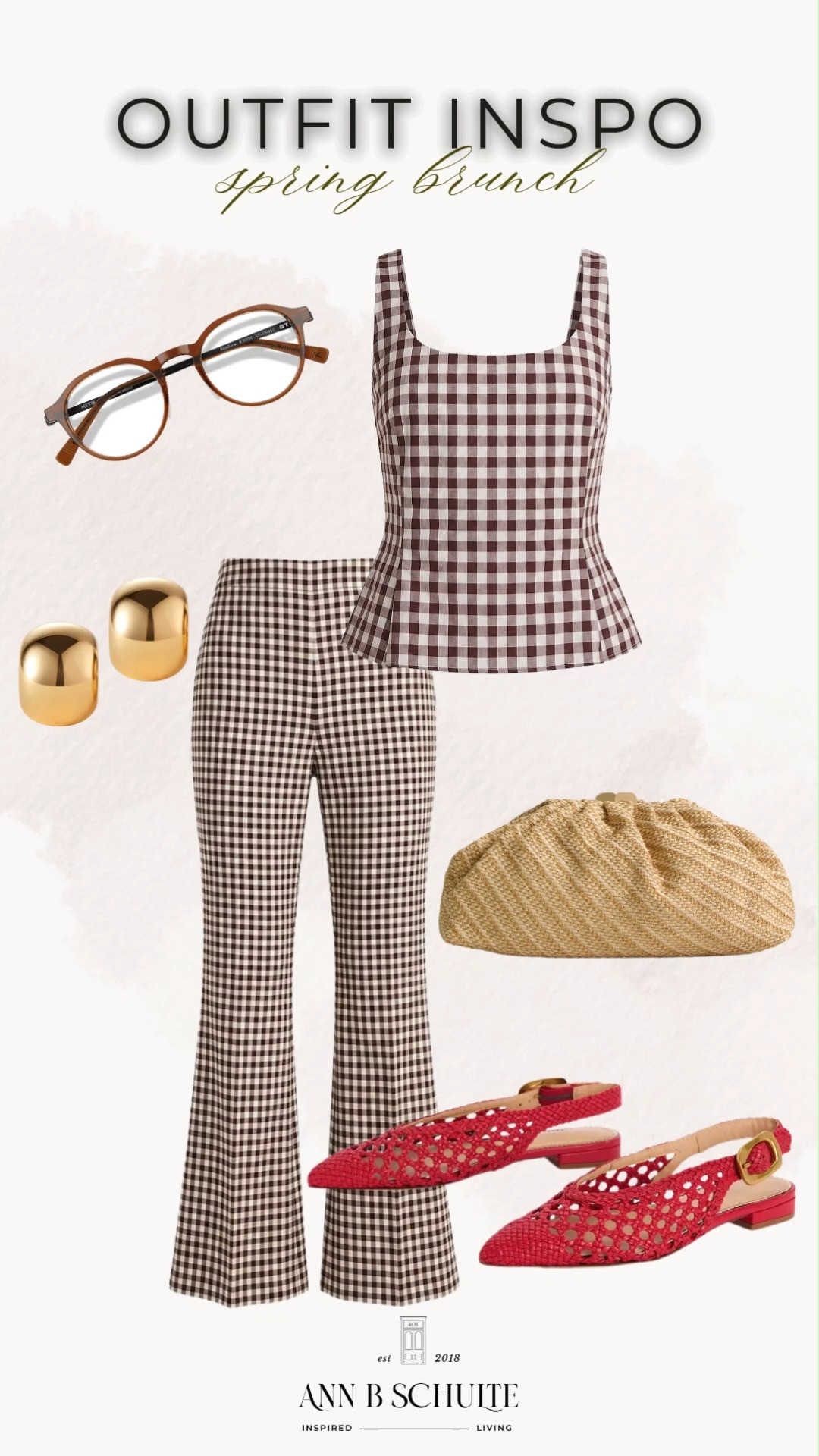 Gingham tank and flares twirl me into spring brunch vibes, clutch in hand for that cheeky pop. High-cut flats keep it breezy and bouncy all morning. ☀️🥂🌸

#SpringBrunch #GinghamOutfit #BrunchStyle #SpringFashion #OOTD #FlarePants #LTKStyle #FashionInspo #CasualChic #WeekendStyle 

 #LTKootd