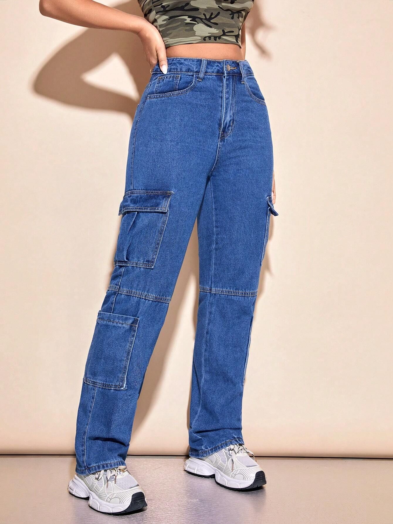 High Waist Flap Pocket Side Cargo Jeans | SHEIN