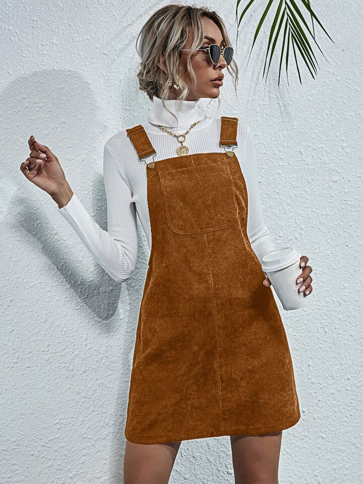 SHEIN Frenchy Corduroy Pocket Front Overall Dress | SHEIN