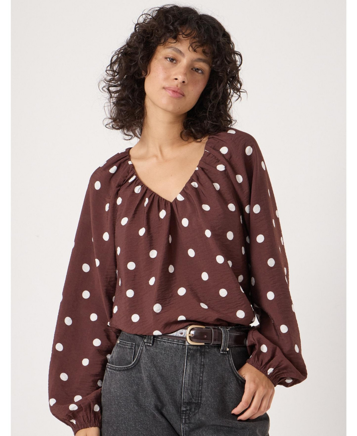 Hush Women's Printed Airflow V Neck Blouse - Polka dot brown | Macy's