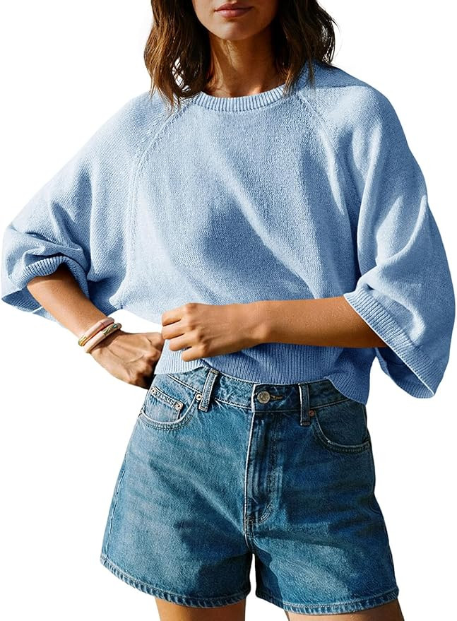 Saodimallsu Womens 3/4 Sleeve Sweater Tops Summer Lightweight Knit Crew Neck Casual Loose Batwing... | Amazon (US)