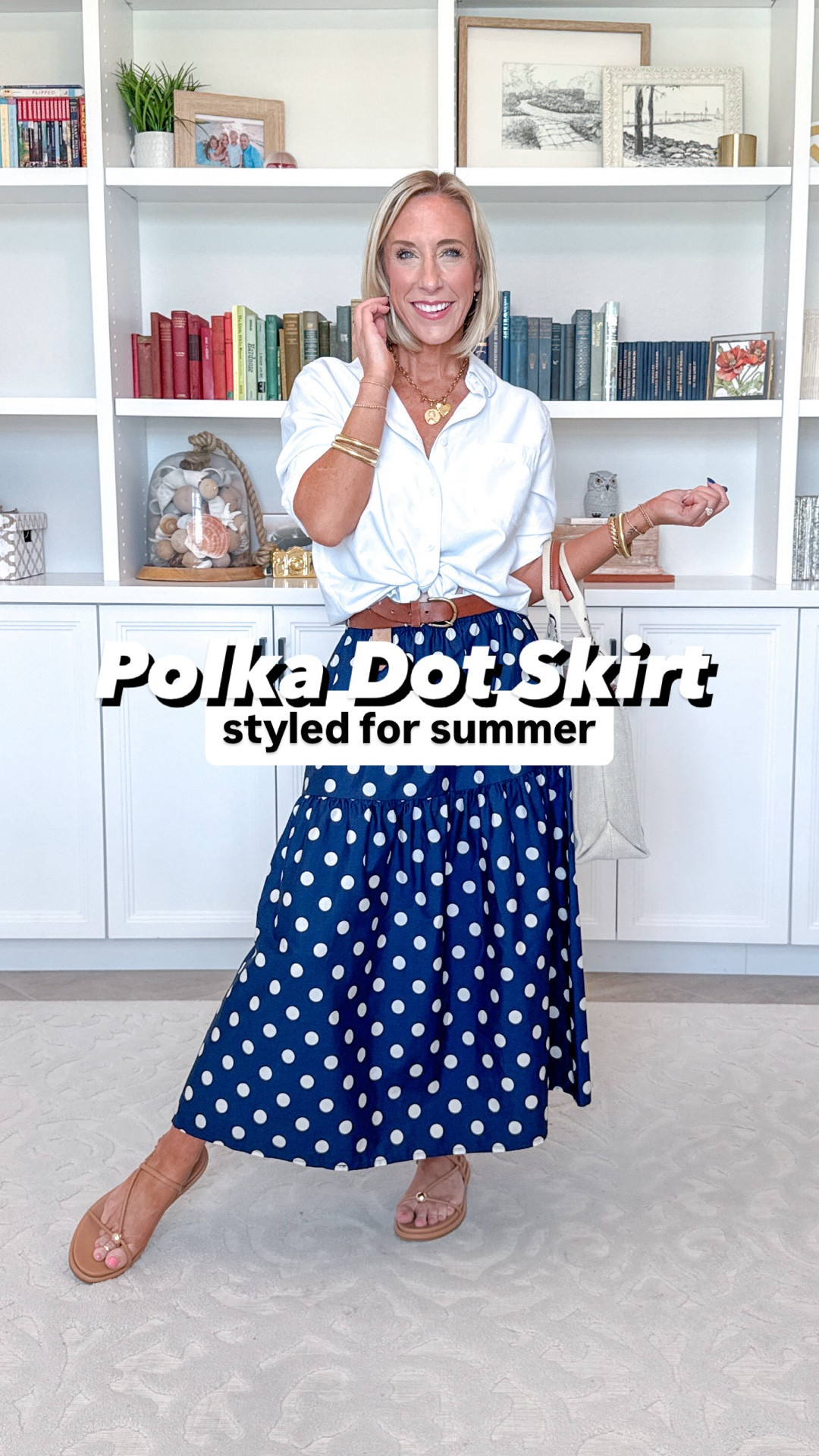 One polka skirt - styled 8 ways:
• Midi skirt - size XS. Not lined but not see through. Elastic waistband and pockets!
1. White tank w/ built in bra - size XS.
2. Denim vest - size Small.
3. Crochet top - size Small.
4. Blue top - size Small.
5. Striped top - size XS.
6. White Button Down - size Small.
7. Yellow vest - size Small.
8. Navy top - size small.

#LTKootd #LTKSeasonal #LTKOver40