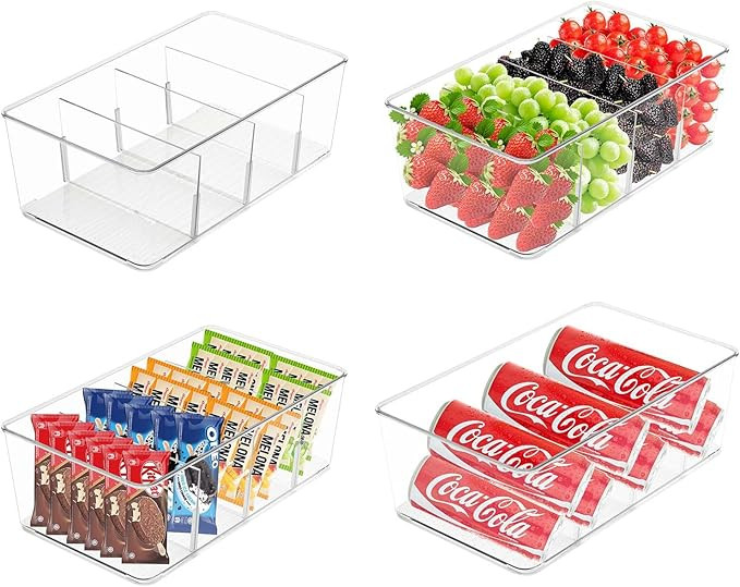 4 Pack Kitchen Organizers and Storage Bins with Removable Dividers,Clear Plastic Bins for Pantry,... | Amazon (US)