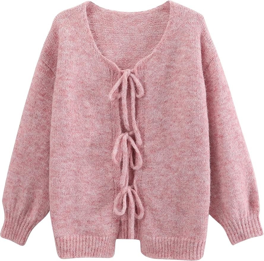 Lumister Cute Oversized Cardigan Sweaters for Women Y2K Long Sleeve V Neck Bow Tie Front Cadigan ... | Amazon (US)