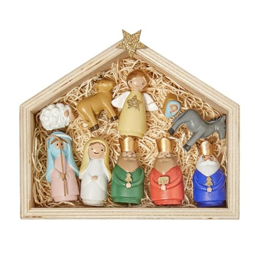 DN DECONATION Nativity Figurines Set, 11Pcs Resin Holy Family Scene - Colorful Mini Christmas Nativity Decor for Christmas Indoor Tabletop, Shelf, and Home Holiday Display | Amazon (US)