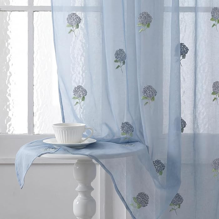 Tegeme 2 Panels Dusty Blue Hydrangea Sheer Curtains 84 Inches Long Embroidered Voile Curtains Dec... | Amazon (US)