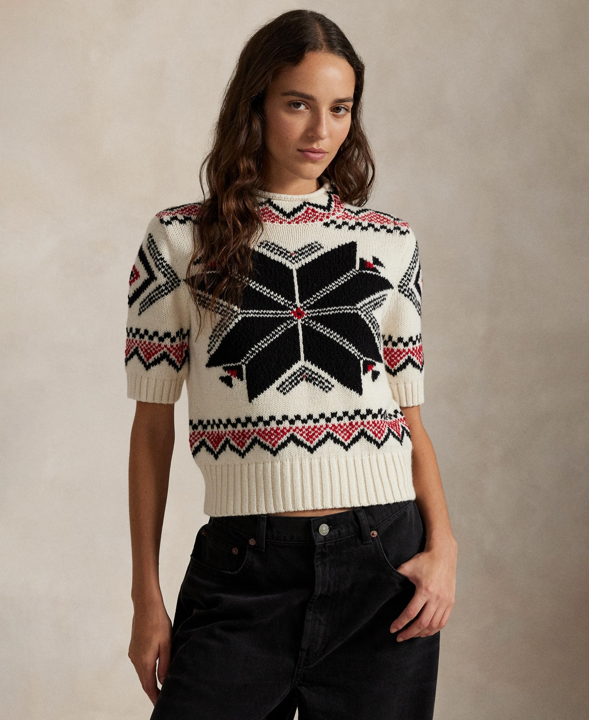 Polo Ralph Lauren Women's Intarsia Knit Short Sleeve Sweater - Authentic Cream Multi | Macy's