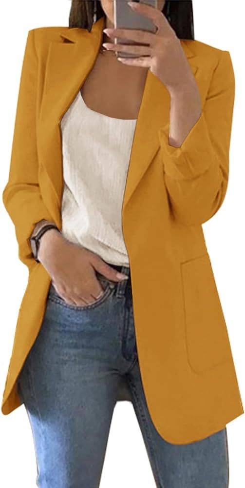 Dazosue Women Open Front Blazers Long Sleeve Casual OL Office Slim Suit Jacket with Pockets | Amazon (US)