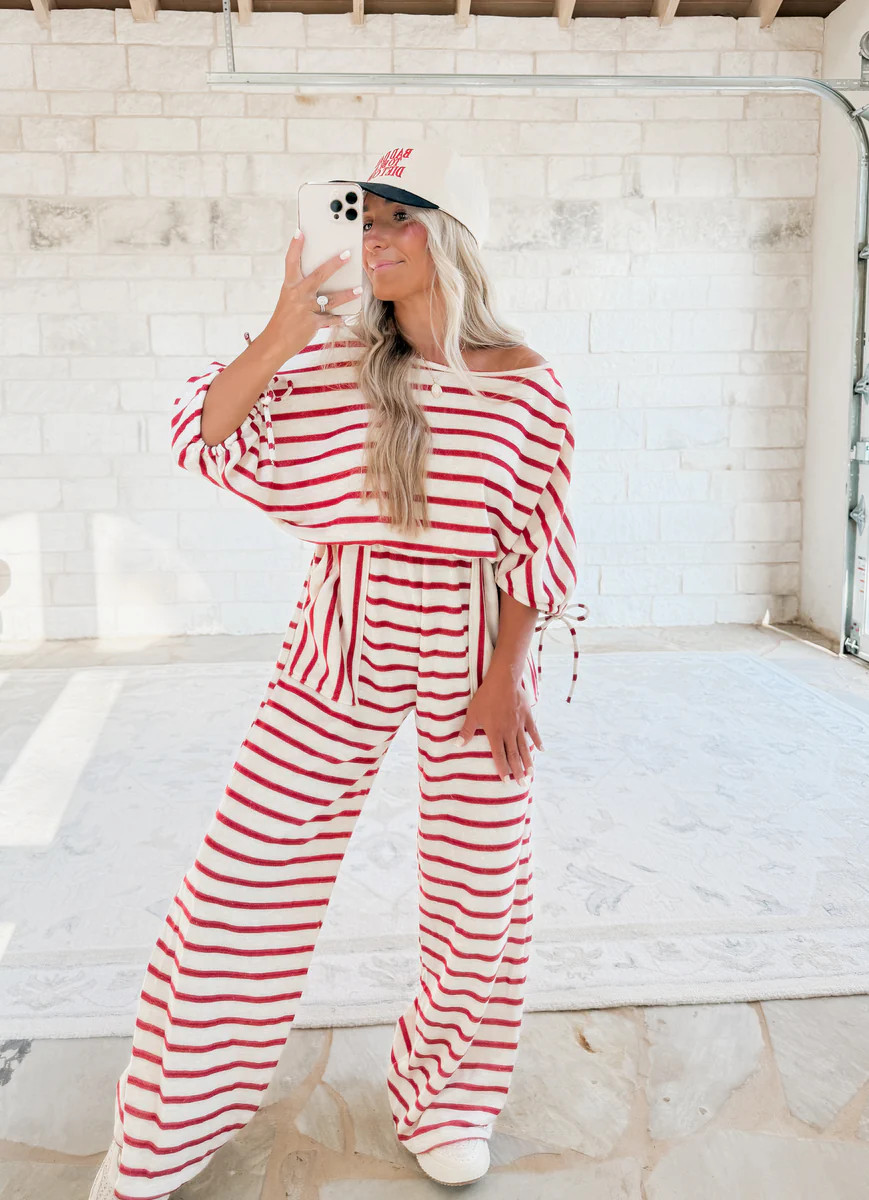 Kind Of Comforting Striped Striped Jumpsuit - Oatmilk/Red | CK Squared Boutique