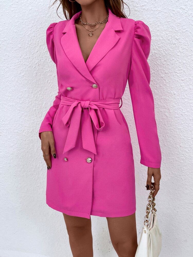 Double Breasted Puff Sleeve Belted Blazer | SHEIN