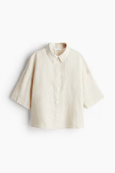 Pull-on Linen Shorts - High waist - Short - Blue/striped - Ladies | H&M US | H&M (US + CA)