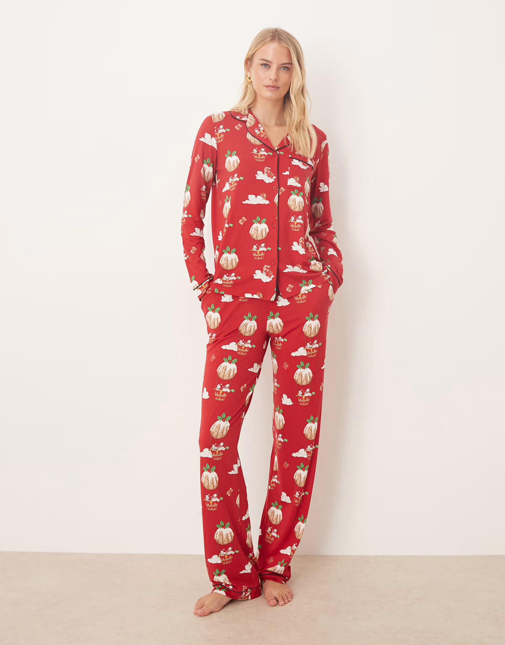 Chelsea Peers Tall poly long sleeve revere pajama set in Christmas pudding balloon print | ASOS | ASOS (Global)