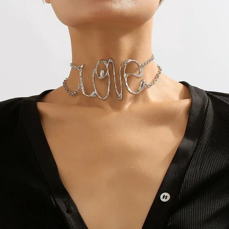 Back to School Clearance 2packs Necklaces & Pendants Love Choker Necklace Gold Collar Necklaces Letter Statement Necklace Personality Exaggerated Alloy Hollow Collar Bone Choker Necklace | Walmart (US)