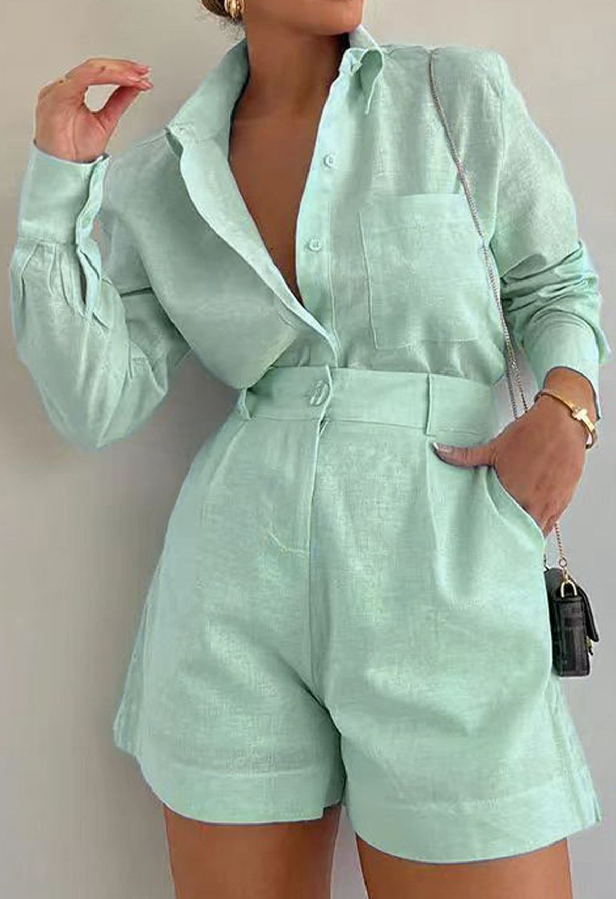 Casual Patch Pocket Buttoned Shirt and Shorts Set in Light Green for Urban Daily Wear & Coffee Ru... | Chicwish