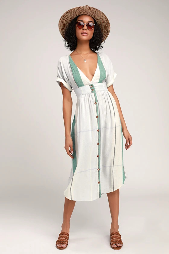 Reid Light Blue Multi Stripe Button-Up Midi Dress | Lulus (US)