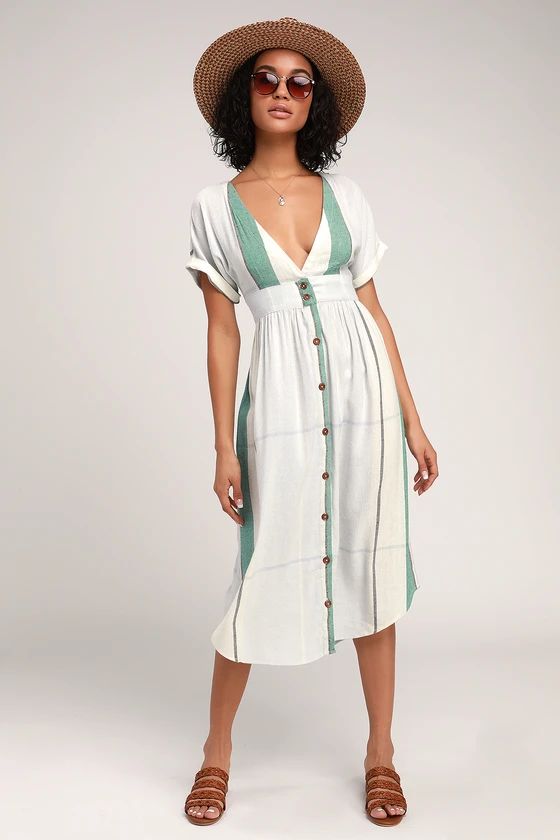 Reid Light Blue Multi Stripe Button-Up Midi Dress | Lulus (US)