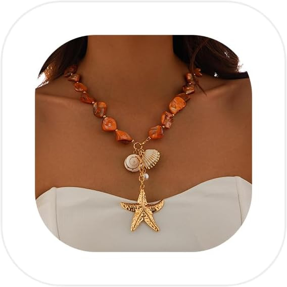 Summer Big Shell Necklace Starfish Pearl Pendant Clavicle Chain Necklace Gold Shell Chest Body Ch... | Amazon (US)