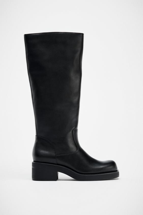 FLAT LEATHER WATER-REPELLENT KNEE-HIGH BOOTS | Zara UK
