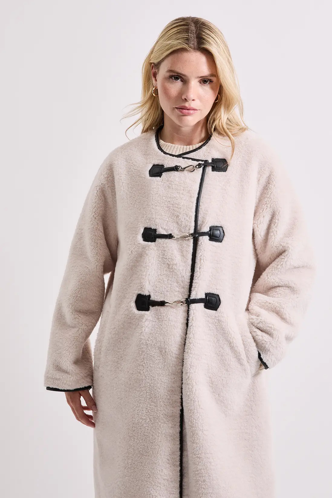 Jackets & Coats | Toggle PU Detail Borg Coat | Dorothy Perkins | Dorothy Perkins (UK)