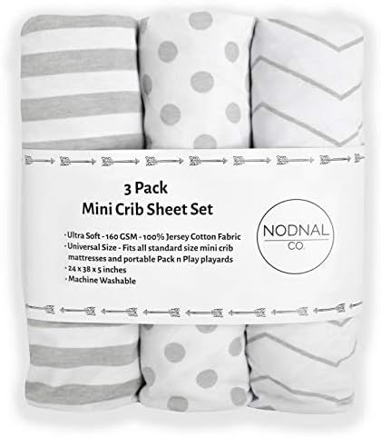 NODNAL CO. Pack n Play Playard Portable Mini Crib Fitted Sheets Set 3 Pack 100% Jersey Knit Gray ... | Amazon (US)