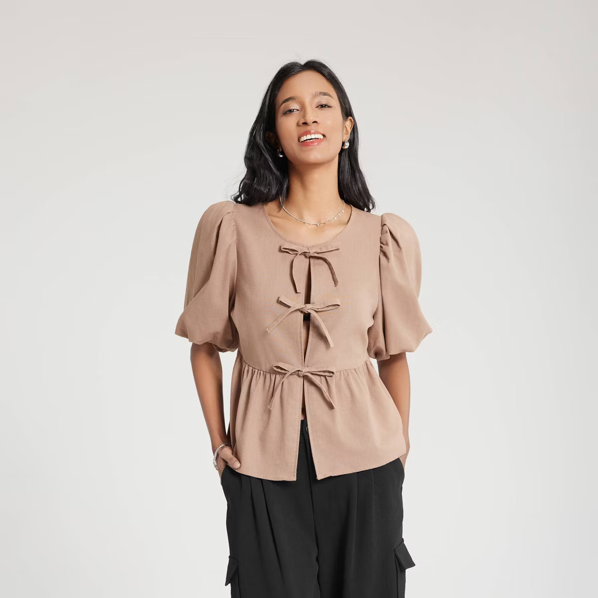 Women's Bubble Sleeve Tie-Front Blouse - A New Day™ | Target