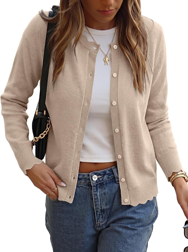 ANRABESS Women Lightweight Button Down Cardigan Sweaters | Long Sleeve Crew Neck Scalloped Trim,S... | Amazon (US)