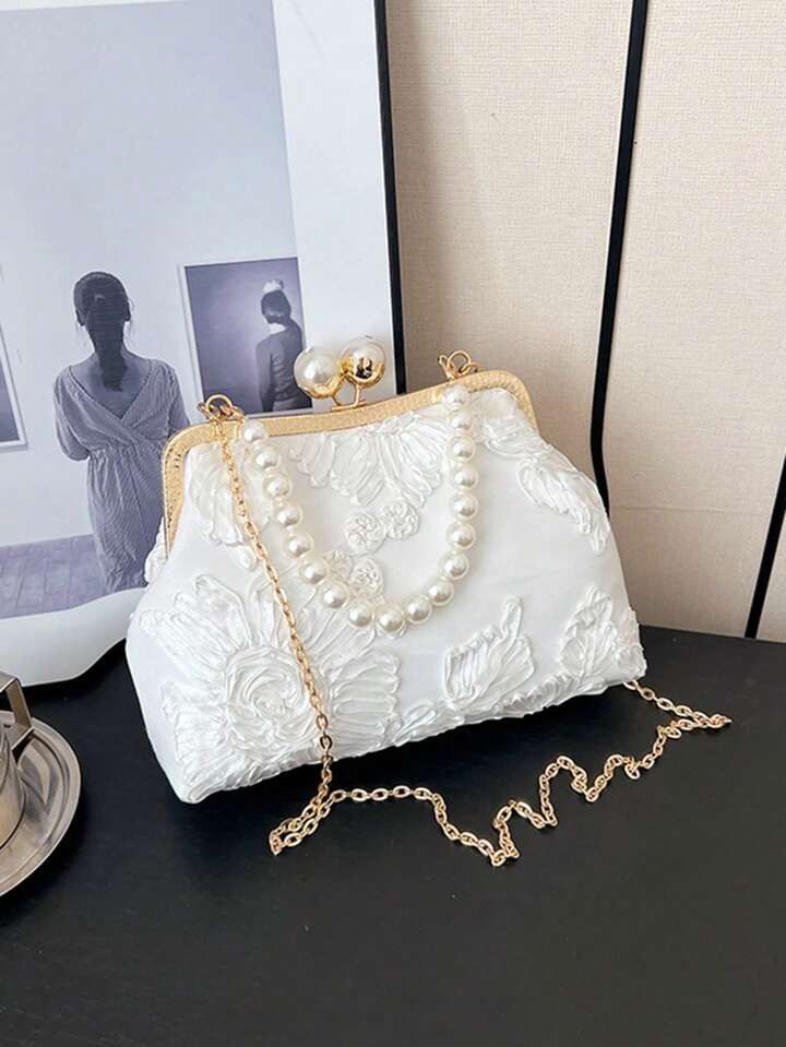 Chinese-Style Clutch Bag With Pearls And Flower Decor, Handbag Or Shoulder Bag For Women, Suitable For Evening Party | SHEIN